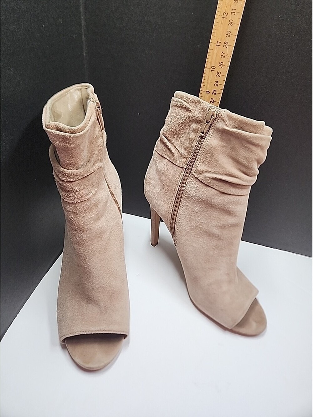 Vince Camuto Tan Suede Leather Open Toe Short Boots Ruched Sz 8.5 M